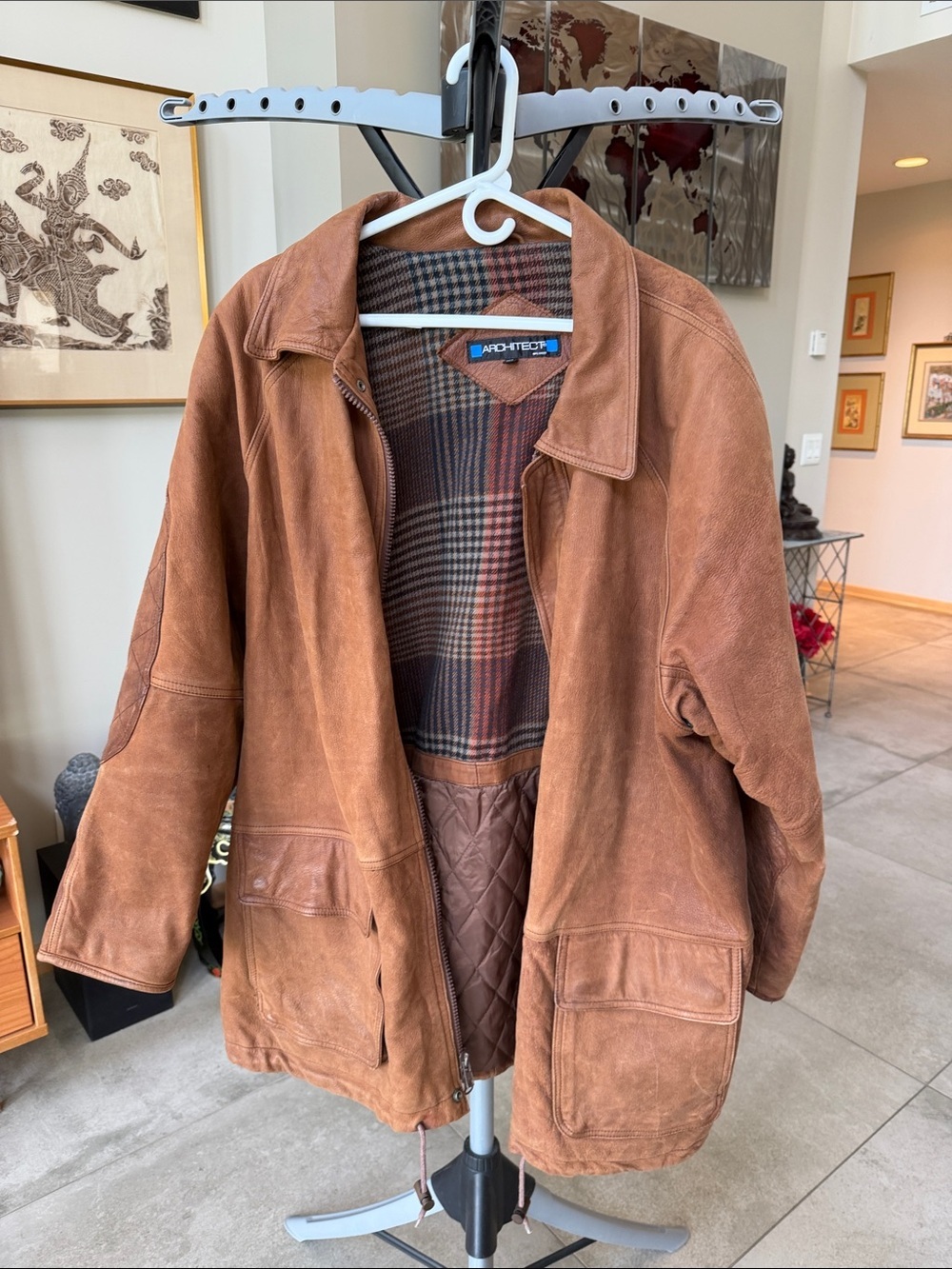 Architect Genuine Leather Field Jacket in Brown with Plaid Lining - men’s XL